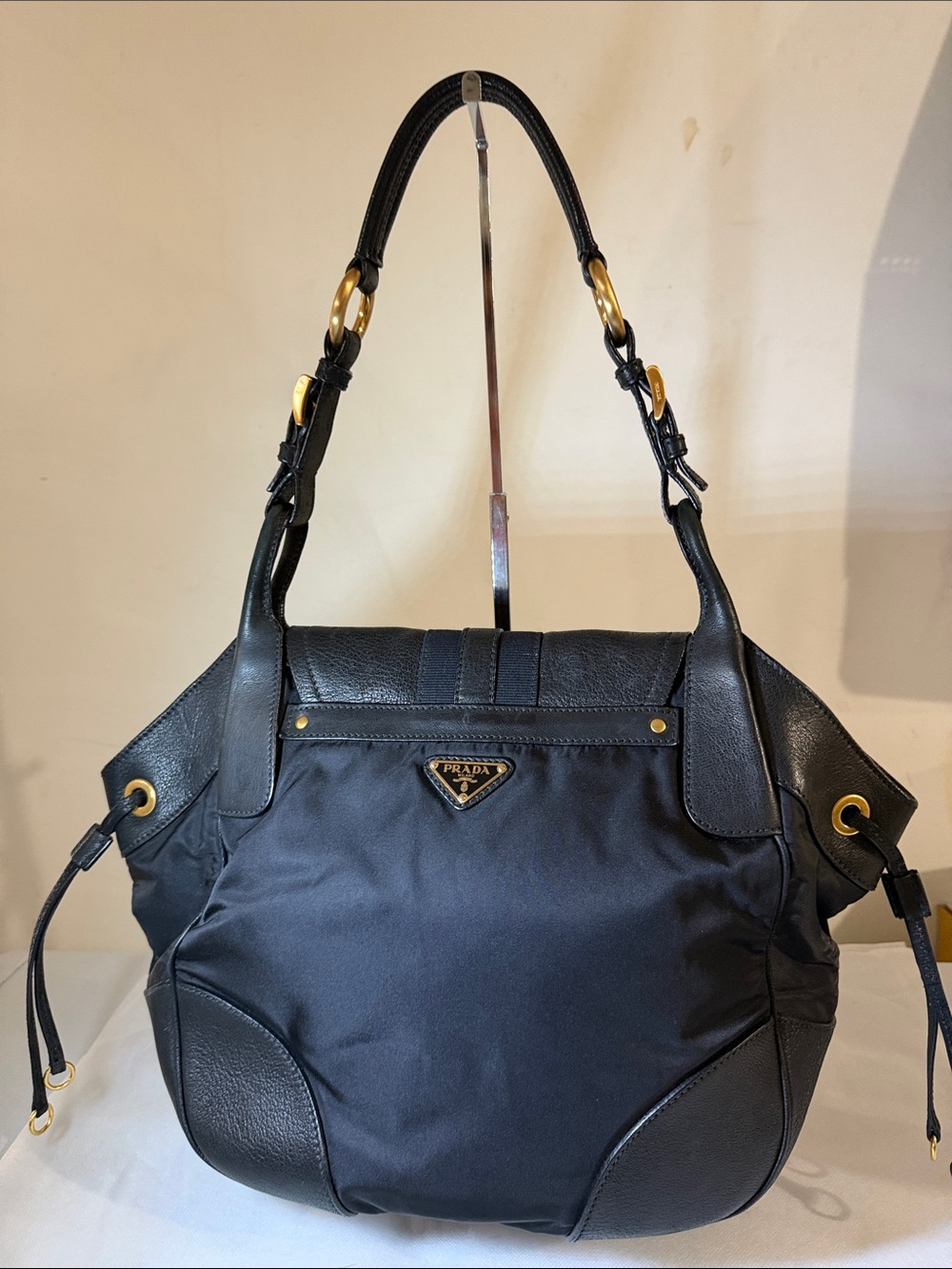 Prada Black Nylon and Leather Shoulder Bag with Gold Hardware.
